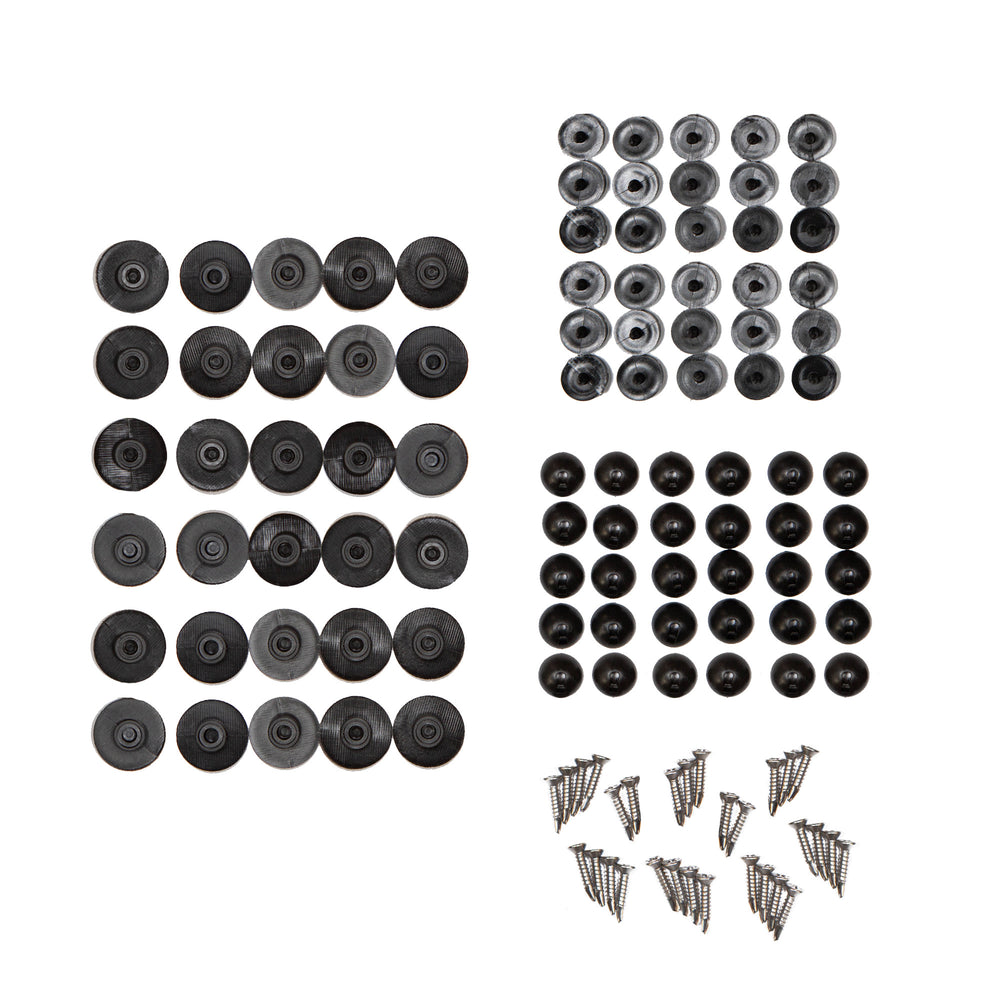 EZ Snap black fastener kit flat-lay: studs, caps, backing studs and screws