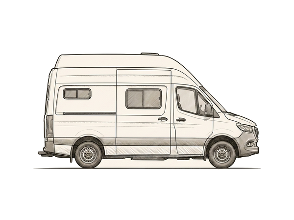 Illustration of a Class B camper van (compact high-top van, no over-cab bunk)