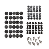 EZ Snap black fastener kit flat-lay: studs, caps, backing studs and screws
