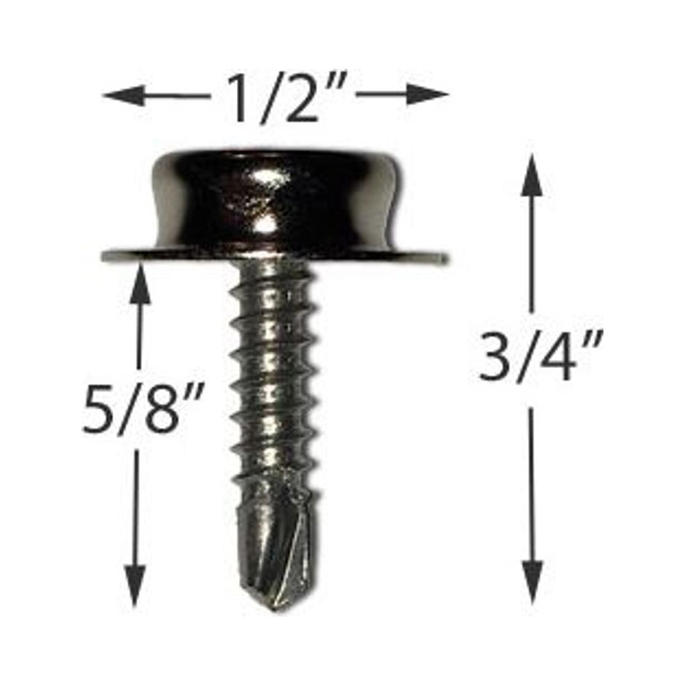 EZ Snap stainless steel snap stud dimensions: 1/2 in cap, 3/4 in tall, 5/8 in screw