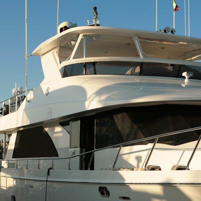 Exterior Sun shades for boats and yachts. Cools boat interior, protects boat interior from UV damage.