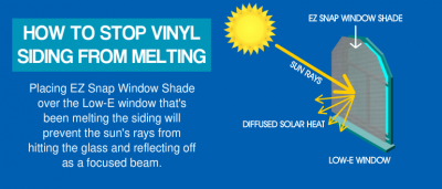 Graphic showing how placing EZ Snap Window Shade over a low-e glass window that's been melting vinyl siding will prevent it from happening again.