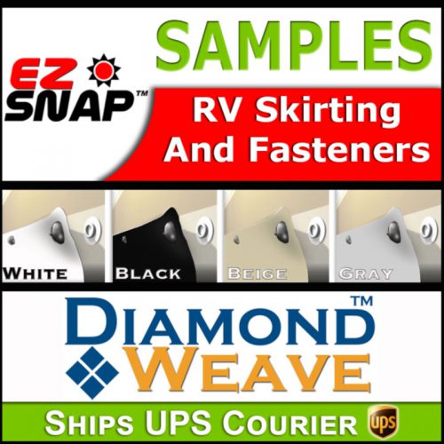 Samples of Diamond Weave RV Skirting Material and EZ Snap fasteners.