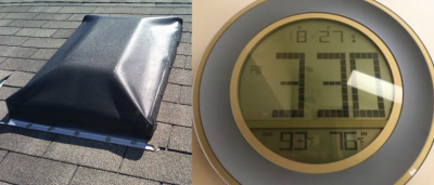 Thermometer showing a 17 degree temperature difference between the inside and outside when using EZ Snap Skylight Shades